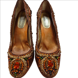 Valerie Stevens bohemian satin jeweled beaded metallic stiletto heels size 6.5